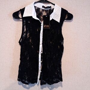Grass Collection Black Lace Sleeveless Top with White Collar